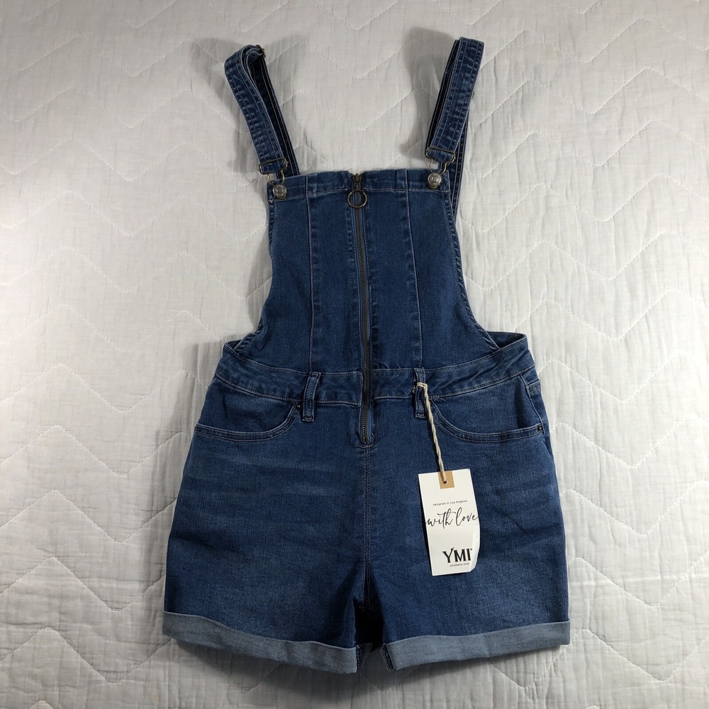 YMI Overall Shorts Juniors 7/28‎ Denim Blue Cuffed Adjustable Straps Women's NWT